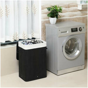 XL bambus Skittentøykurv med kledd innside 72L med avtagbar vaskbar tøypose - Sort  