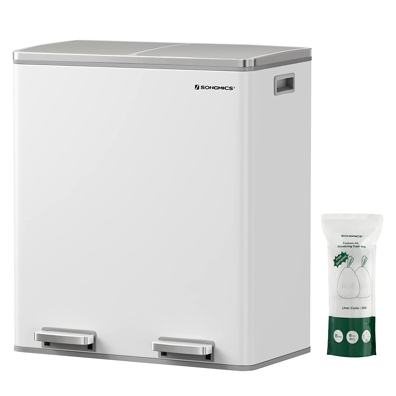 Pedalbøtte Søppelbøtte 2 x 30 liter rustfritt stål Sorteringsbøtte 60 liter - Hvit