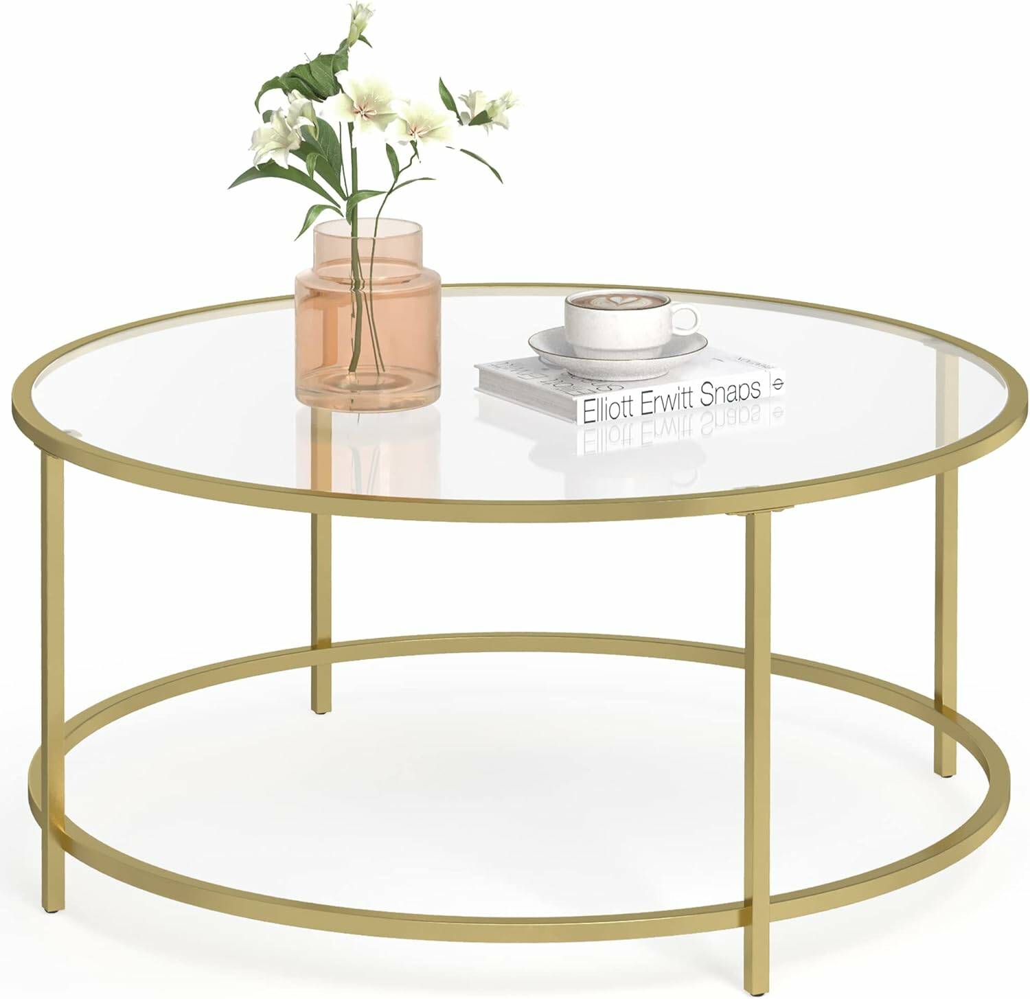 Sofabord i Herdet Glass – Ø 84 × 45,5 cm, Gullfarget Metallram