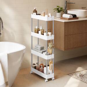 Smal Oppbevaringsvogn - Trillevogn med 4 Kurver og Hjul 14,4 × 42 × 86 cm, Hvit  