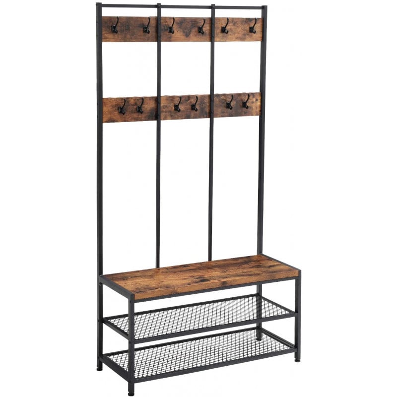 Hallmøbel med Sittebenk, 12 Kroker og 2 Skohyller – 100 × 40 × 184 cm