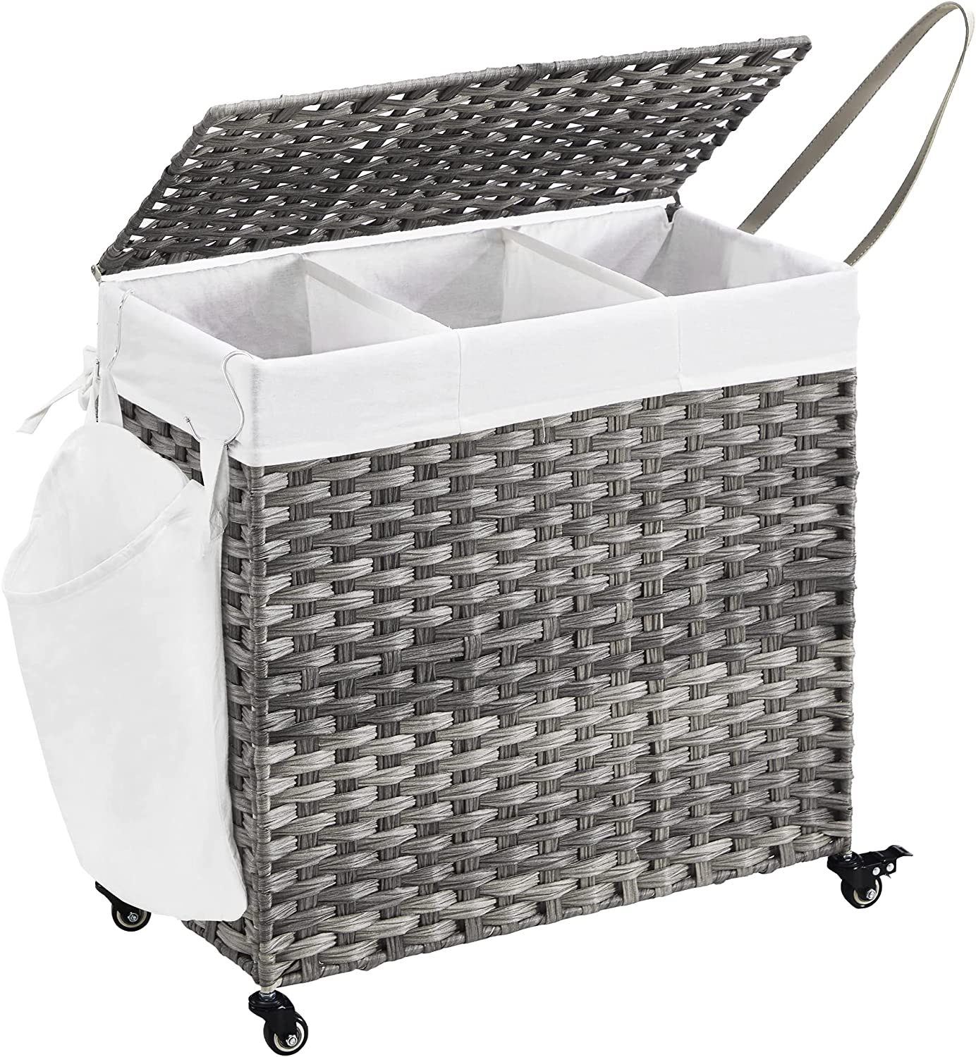Skittentøyskurv 140 L med 3 rom, Hjul, lokk, håndtak 66 x 33 x 60 cm - Grå