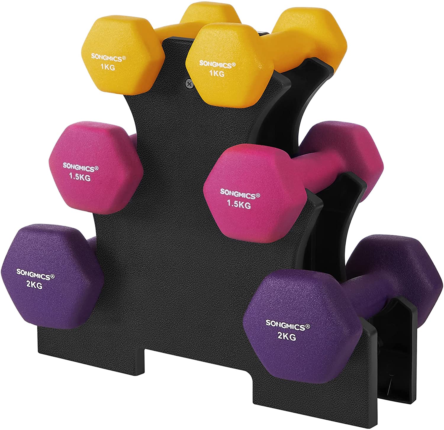 Hantelsett 6 deler - Håndvekter med stativ 1, 1,5, 2 kg