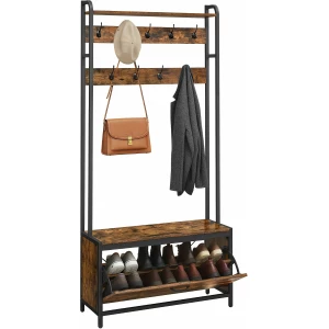 4-i-1 Garderobestativ med Skoskap – Sittebenk, Knagger 85 × 30 × 180 cm 4-i-1 Garderobestativ med Skoskap – Sittebenk, Knagger 85 × 30 × 180 cm