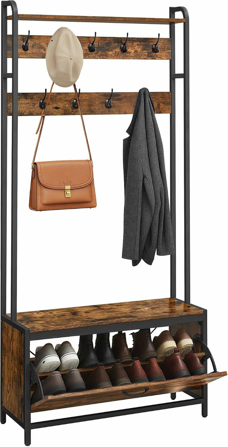 4-i-1 Garderobestativ med Skoskap – Sittebenk, Knagger 85 × 30 × 180 cm