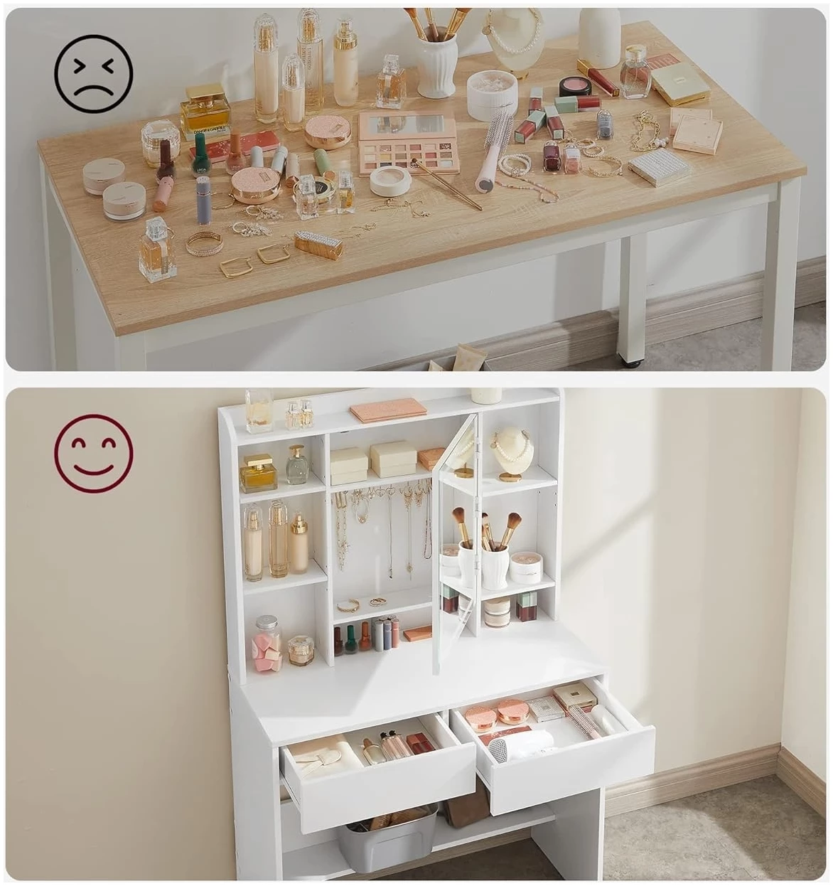 Sminkebord med LED-belysning, speil, 2 skuffer, flere rom Sminkebord med LED-belysning, speil, 2 skuffer, flere rom