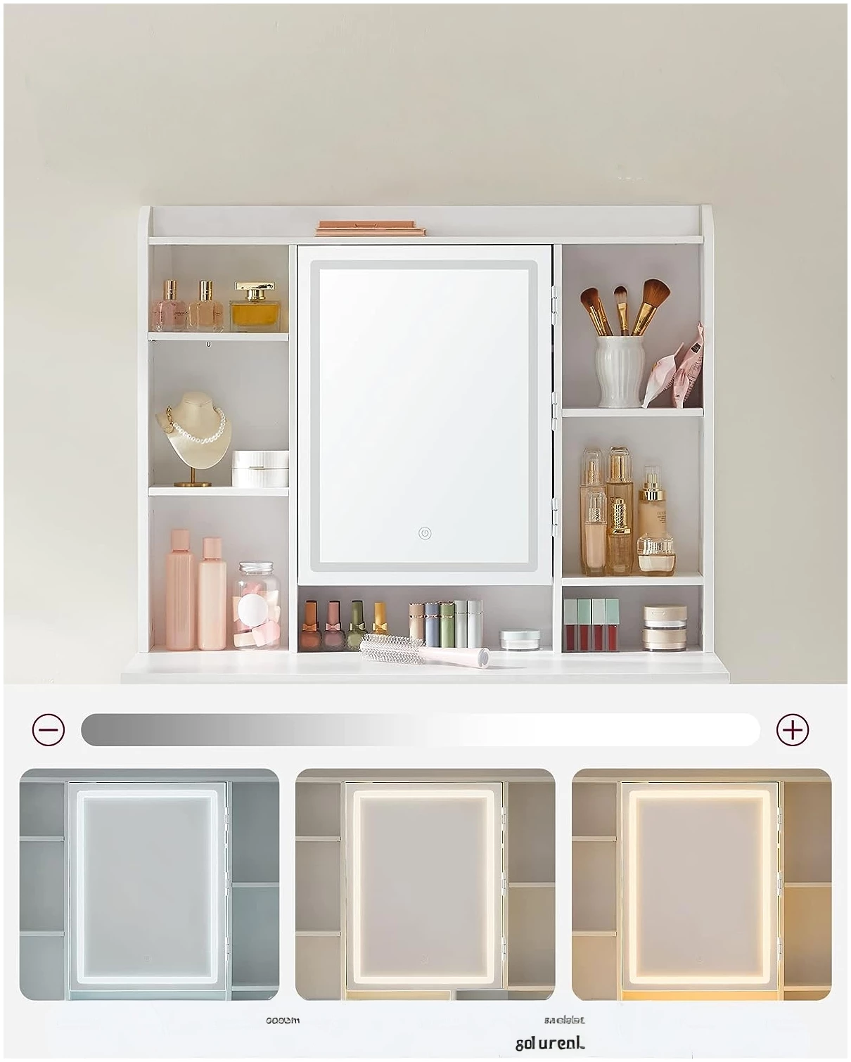 Sminkebord med LED-belysning, speil, 2 skuffer, flere rom Sminkebord med LED-belysning, speil, 2 skuffer, flere rom