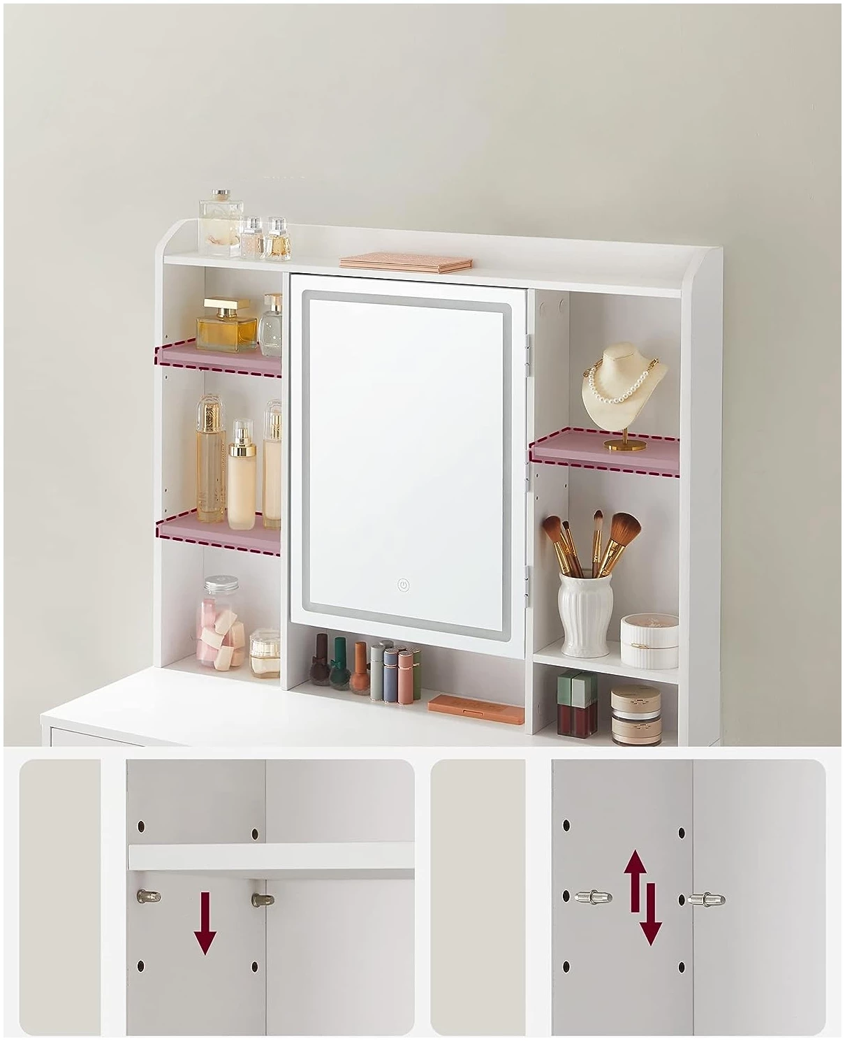 Sminkebord med LED-belysning, speil, 2 skuffer, flere rom Sminkebord med LED-belysning, speil, 2 skuffer, flere rom