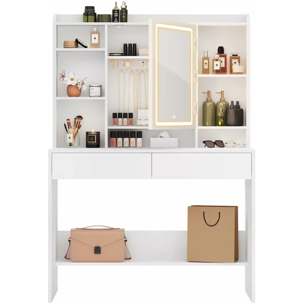 Sminkebord med LED-belysning, speil, 2 skuffer, flere rom Sminkebord med LED-belysning, speil, 2 skuffer, flere rom