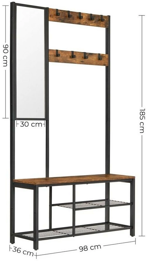 Hallmøbel med Speil, Sittebenk og Skohyller – 9 Kroker, 98 × 36 × 185 cm Hallmøbel med Speil, Sittebenk og Skohyller – 9 Kroker, 98 × 36 × 185 cm