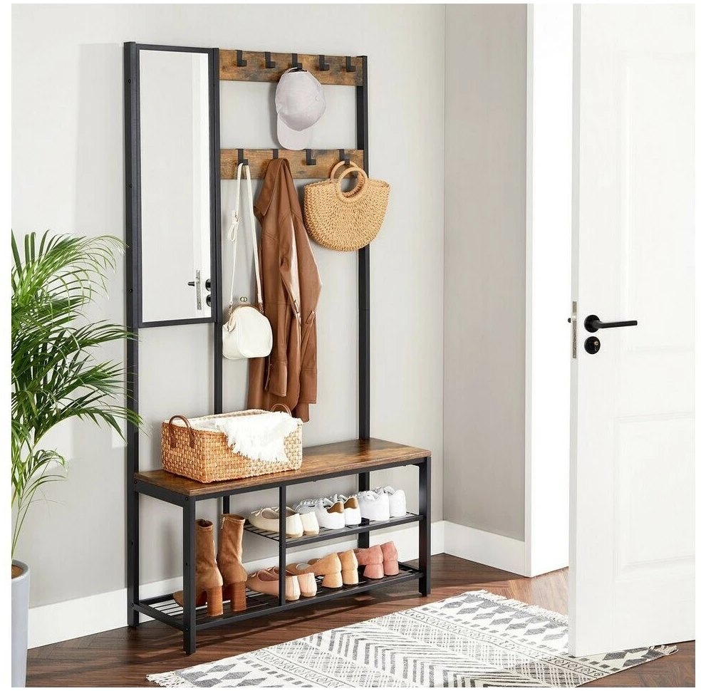 Hallmøbel med Speil, Sittebenk og Skohyller – 9 Kroker, 98 × 36 × 185 cm Hallmøbel med Speil, Sittebenk og Skohyller – 9 Kroker, 98 × 36 × 185 cm