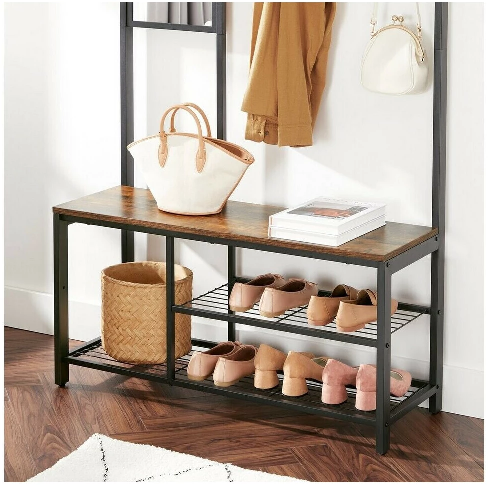 Hallmøbel med Speil, Sittebenk og Skohyller – 9 Kroker, 98 × 36 × 185 cm Hallmøbel med Speil, Sittebenk og Skohyller – 9 Kroker, 98 × 36 × 185 cm
