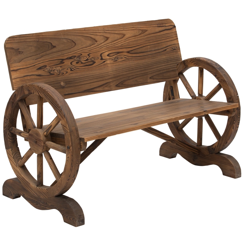 Hagebenk 2-seter, rustikk vognhjulstil, brunt tre 114 x 58 x 80 cm
