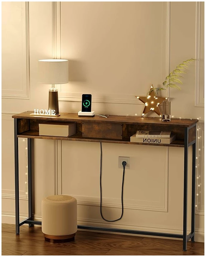 Konsollbord med innebygd strømuttak - 2 rom Vintage brun-svart 120 x 25 x 81 cm Konsollbord med innebygd strømuttak - 2 rom Vintage brun-svart 120 x 25 x 81 cm