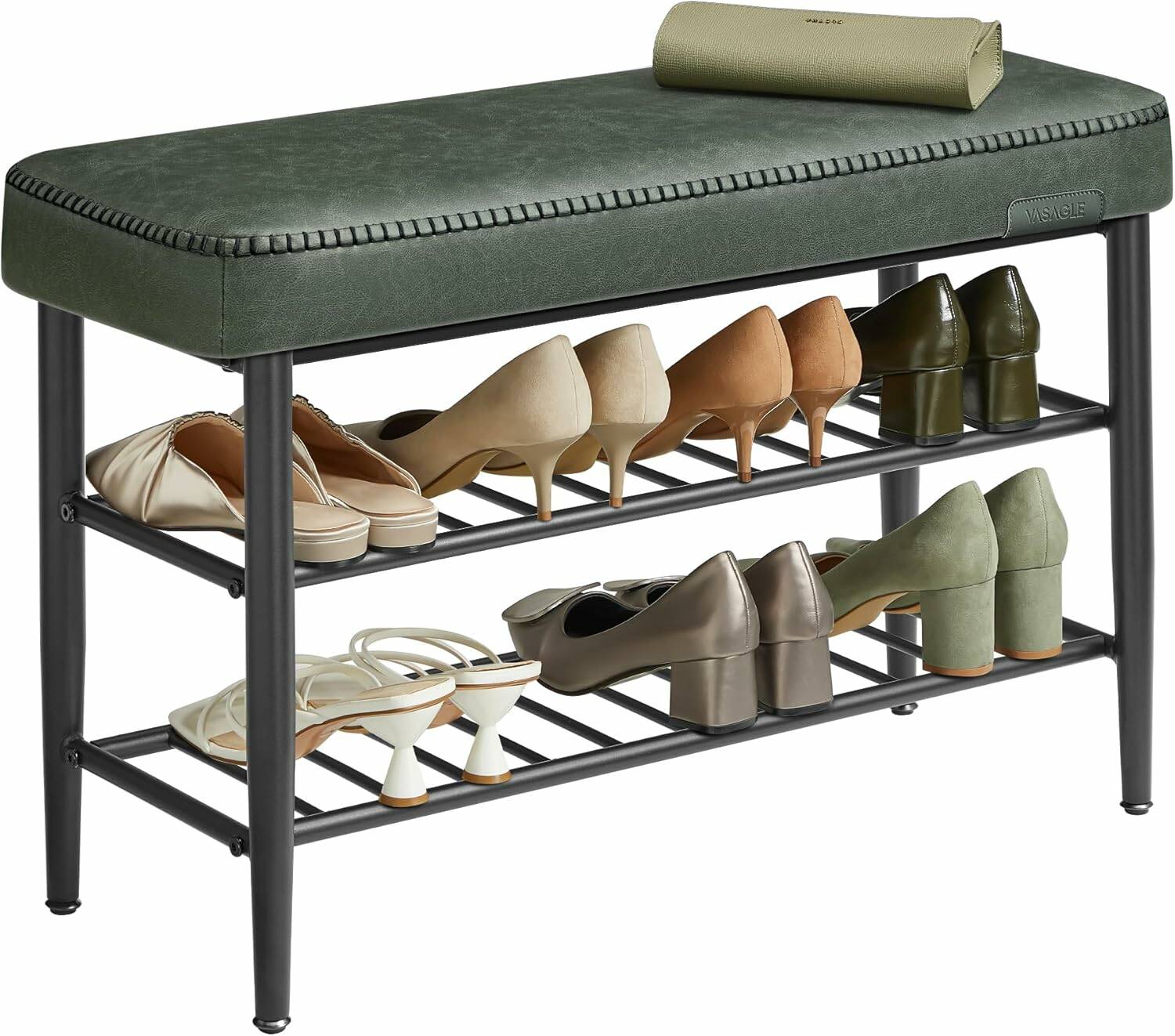 Skobenk med Polstret Sete og Skohylle – 80 × 30 × 50 cm, Skogsgrønn