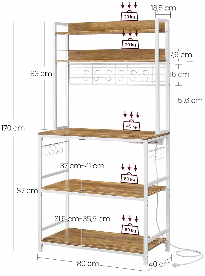 Kjøkkenhylle med innebygget stikkontakt, mikrobølgeovnhylle, benk, 14 kroker Vintage brun-hvit 80 x 40 x 170 cm Kjøkkenhylle med innebygget stikkontakt, mikrobølgeovnhylle, benk, 14 kroker Vintage brun-hvit 80 x 40 x 170 cm