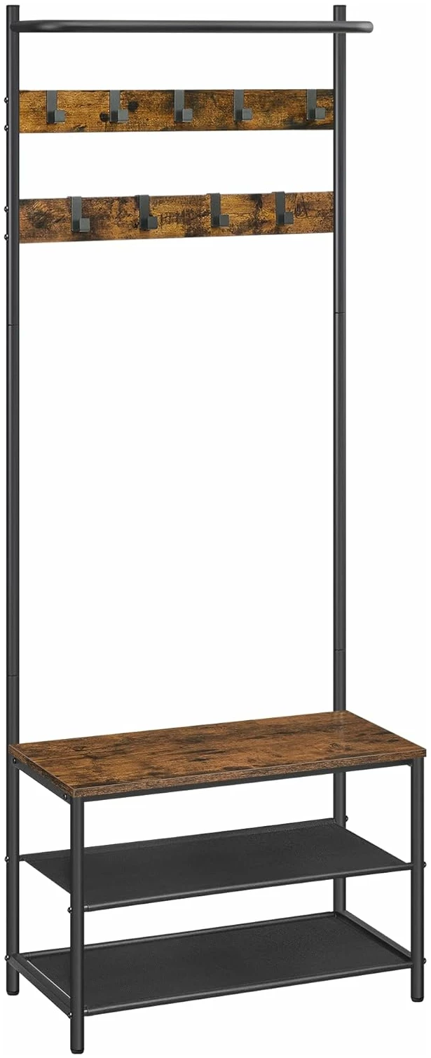 Hallmøbel med Klesstang, Sittebenk og Skohylle – 9 Flyttbare Kroker, 64 × 32,2 × 180 cm
