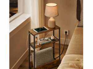 Tynt sidebord, nattbord med innebygd strømuttak Vintage brun Tynt sidebord, nattbord med innebygd strømuttak Vintage brun