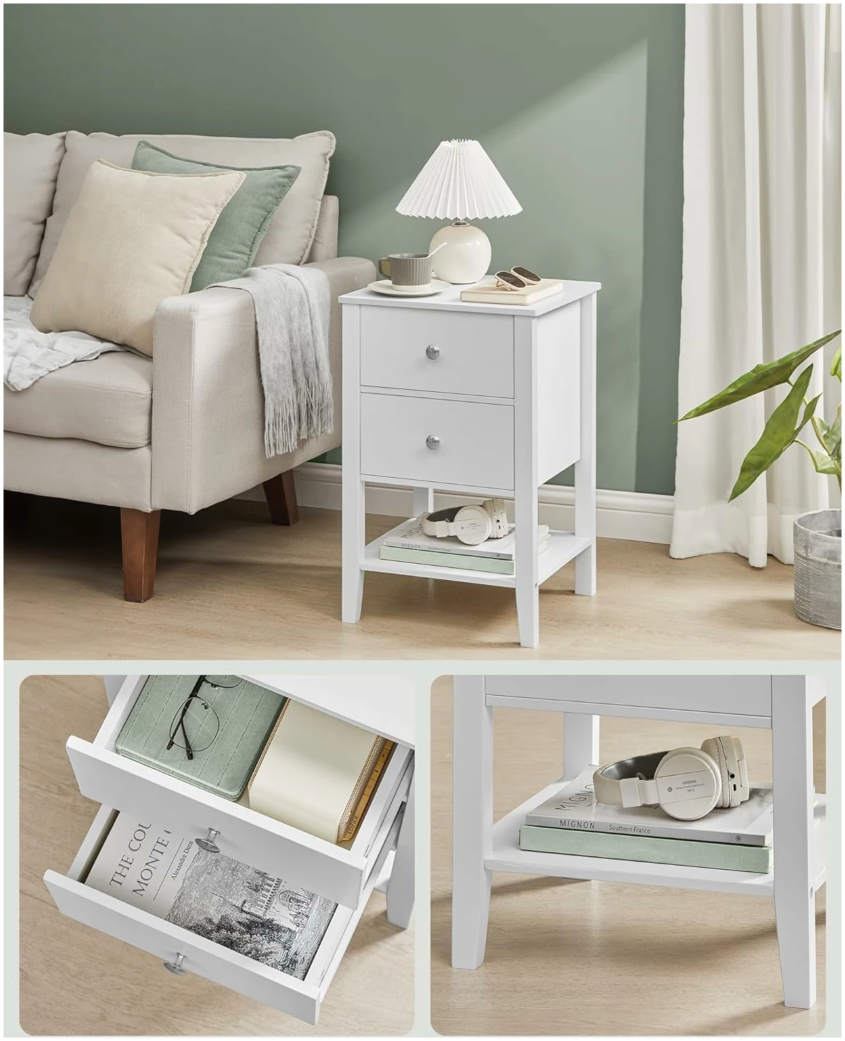 Nattbord 2-pakning - sidebord med 2 skuffer, åpen hylle Nattbord 2-pakning - sidebord med 2 skuffer, åpen hylle