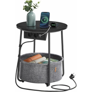Rundt Sidebord med Ladestasjon og Oppbevaringskurv – Ø 45 × 50 cm, Svart og Grå Rundt Sidebord med Ladestasjon og Oppbevaringskurv – Ø 45 × 50 cm, Svart og Grå