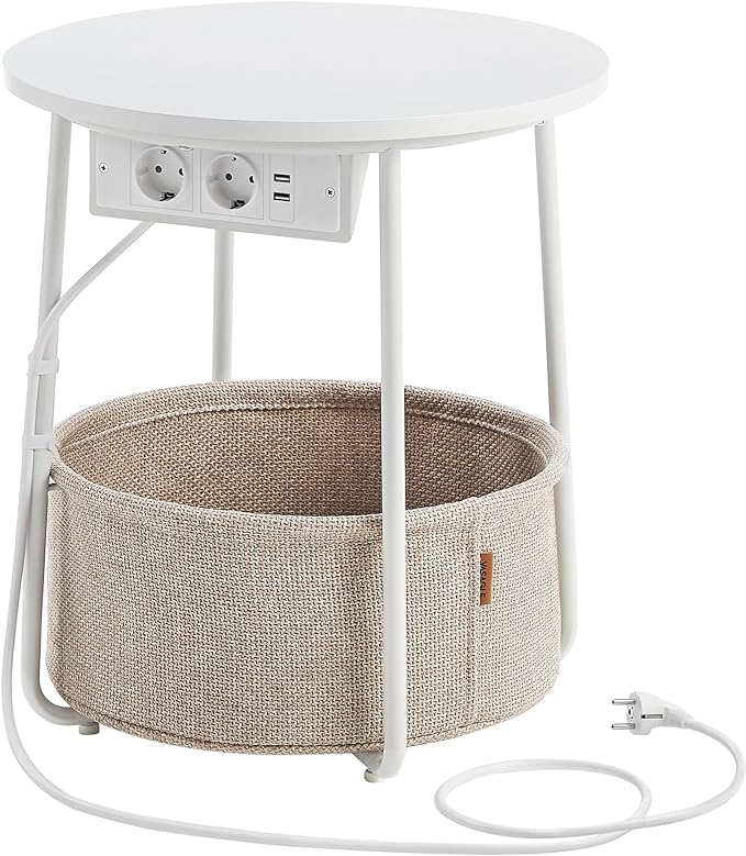 Rundt sidebord med innebygd stikkontakt, USB-lader og stoffkurv 45 cm – hvit/beige