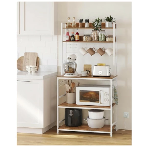Kjøkkenhylle med innebygget stikkontakt, mikrobølgeovnhylle, benk, 14 kroker Vintage brun-hvit 80 x 40 x 170 cm Kjøkkenhylle med innebygget stikkontakt, mikrobølgeovnhylle, benk, 14 kroker Vintage brun-hvit 80 x 40 x 170 cm