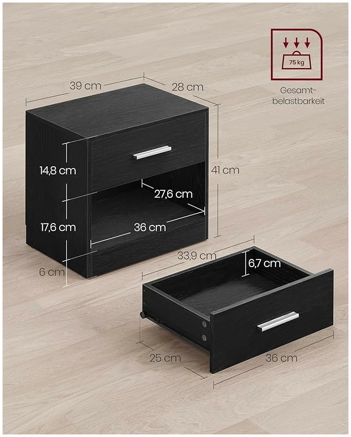 Nattbord, sidebord med skuff – klassisk svart, 28 x 39 x 41 cm Nattbord, sidebord med skuff – klassisk svart, 28 x 39 x 41 cm