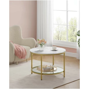 Salongbord Rundt Gull med Hvit Marmor 65 x 46 cm