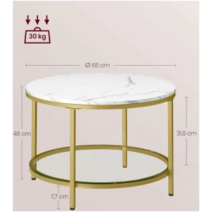 Salongbord Rundt Gull med Hvit Marmor 65 x 46 cm