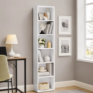 Smal Bokhylle med 6 Rom Justerbare Hyller, 40 × 24 × 178,5 cm, Hvit Smal Bokhylle med 6 Rom Justerbare Hyller, 40 × 24 × 178,5 cm, Hvit