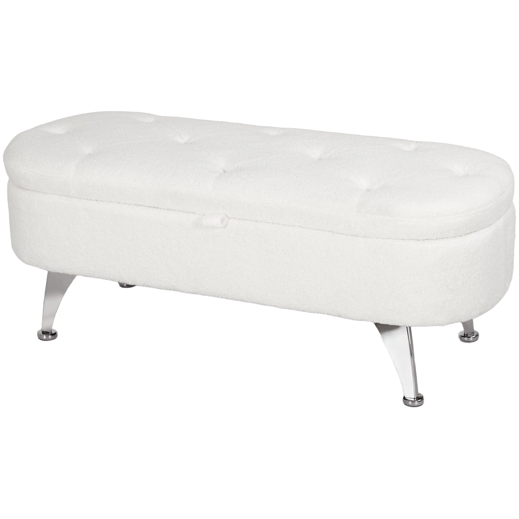 Oval benk i teddy-fleece med oppbevaring & sølvben – 114×47×46,5 cm, hvit