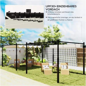 Hagepergola 3 x 3 m med uttrekkbart tak – metallramme, kremhvit