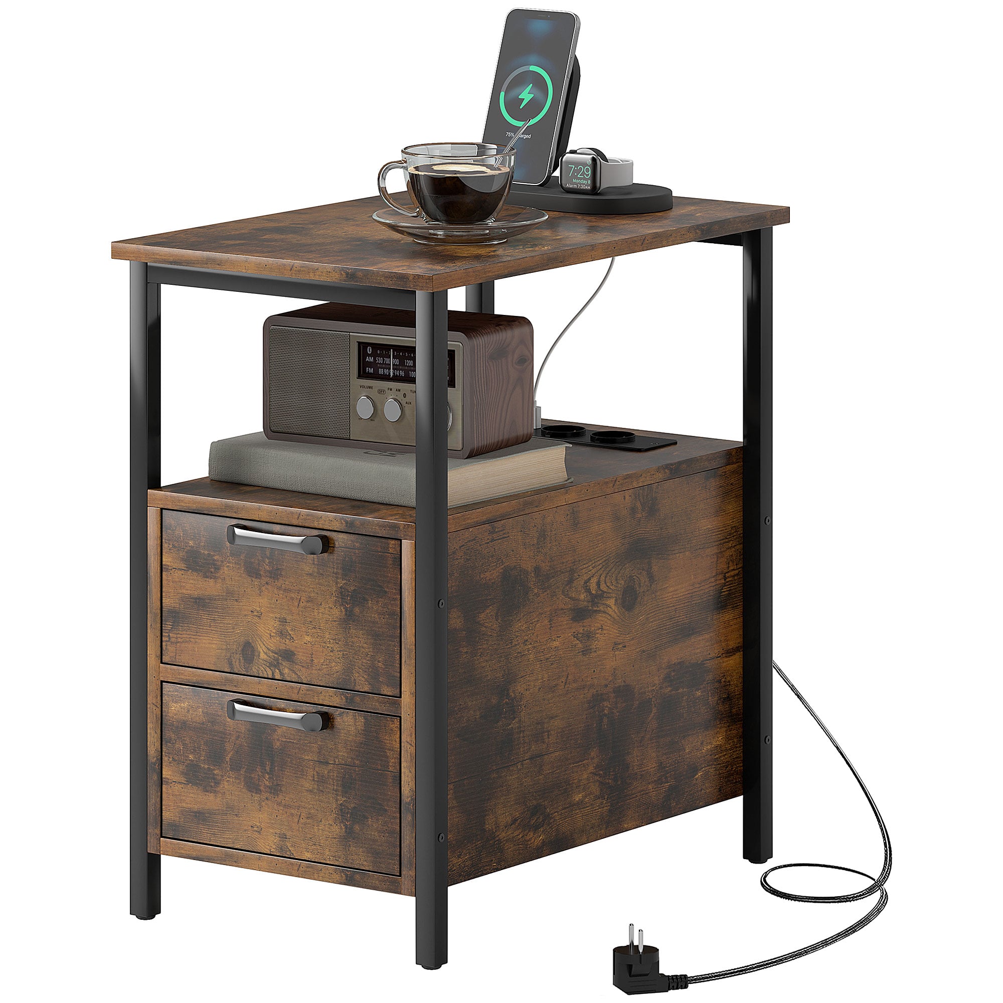 Vintage Brunt Sidebord Med Ladestasjon 55 x 35 x 58,5 cm