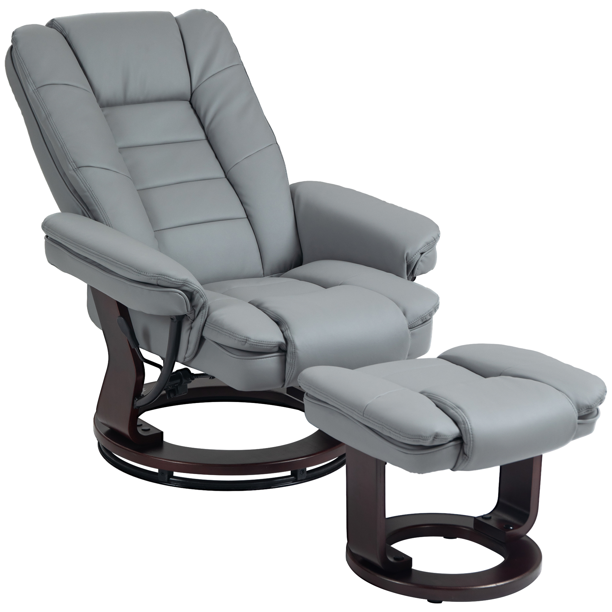 Relax lenestol med fotskammel, justerbar rygg og skinn-look grå — komfortabel hvilestol med elegant design