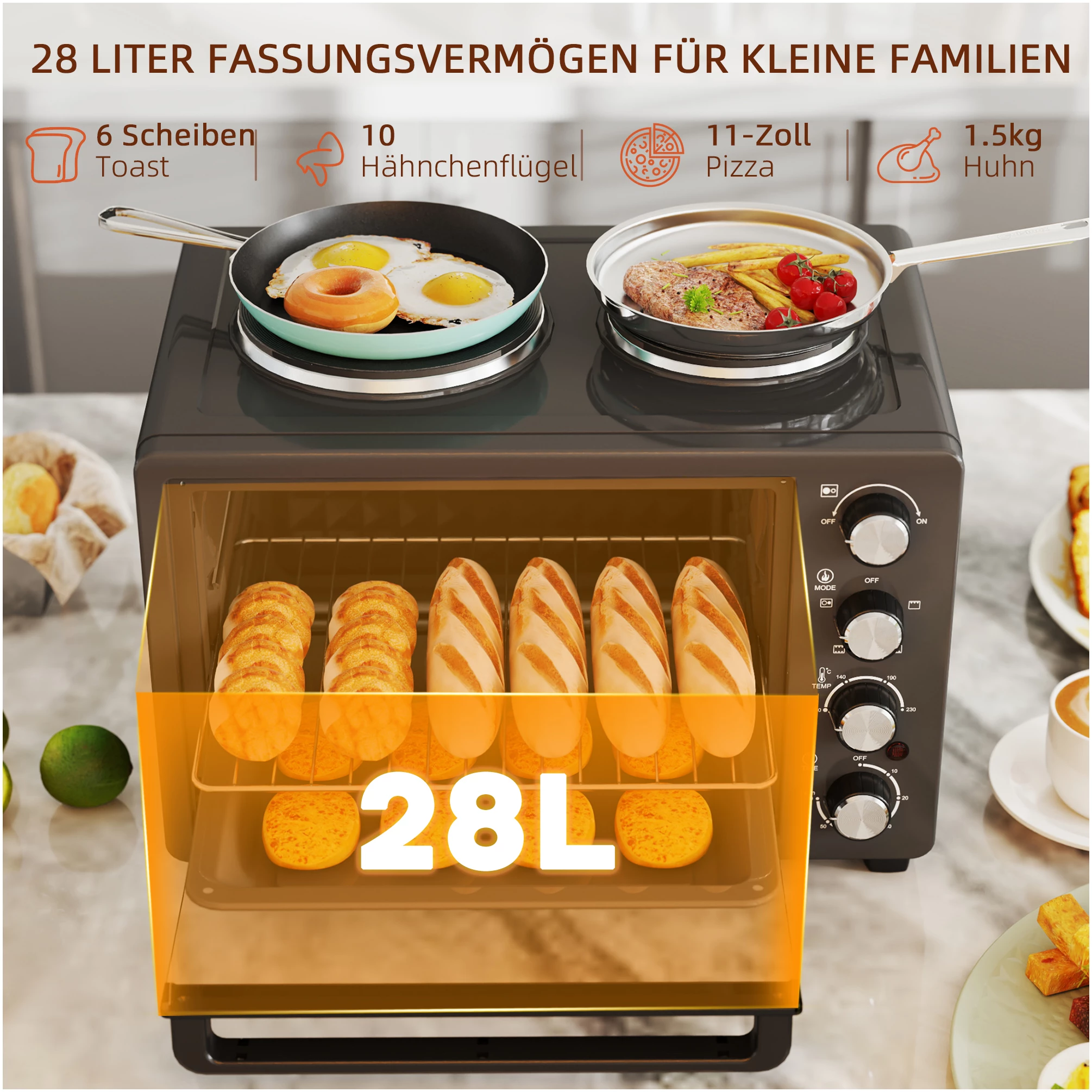 Kompakt miniovn 28L med doble kokeplater og justerbar temperatur AS Kompakt miniovn 28L med doble kokeplater og justerbar temperatur AS