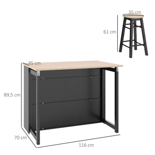 Kjøkkenøy Sett med 2 Barstoler, Sammenleggbar Bordplate, Oppbevaring 116 x 70 x 89,5 cm Svart / Eik AS Kjøkkenøy Sett med 2 Barstoler, Sammenleggbar Bordplate, Oppbevaring 116 x 70 x 89,5 cm Svart / Eik AS