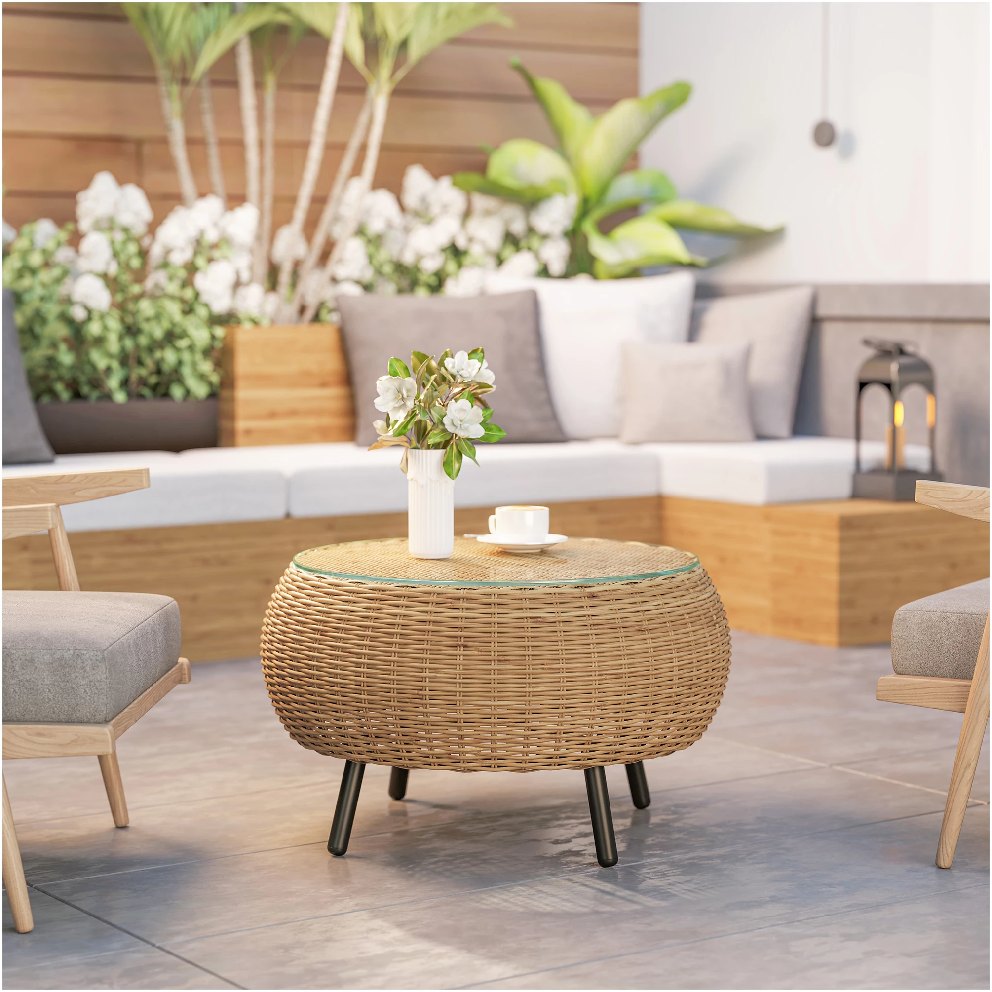 Rundt balkongbord i PE-rotting med herdet glass – Ø75 cm AS Rundt balkongbord i PE-rotting med herdet glass – Ø75 cm AS