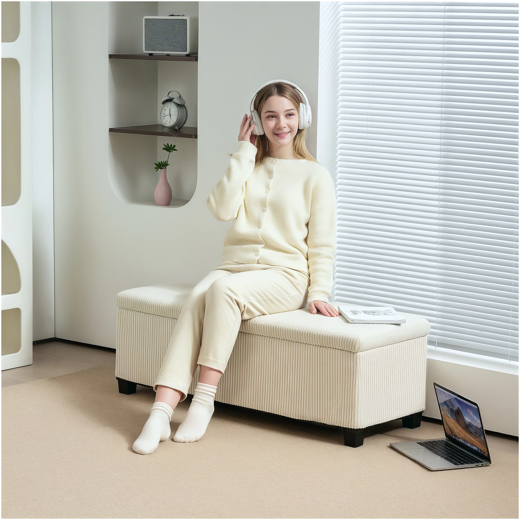 Oppbevaringskrakk Manchester Beige med Skjult Oppbevaring og Stålramme – 112 x 42 x 40 cm AS Oppbevaringskrakk Manchester Beige med Skjult Oppbevaring og Stålramme – 112 x 42 x 40 cm AS