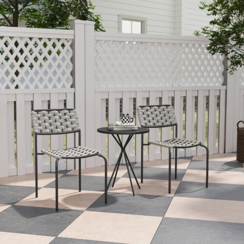 Cafésæt i kunstrotting med 2 stole & rundt bord – grå, stålramme, 120 kg bæreevne, Ø48×60 bord, 46×60×80 stolemål AS Cafésæt i kunstrotting med 2 stole & rundt bord – grå, stålramme, 120 kg bæreevne, Ø48×60 bord, 46×60×80 stolemål AS