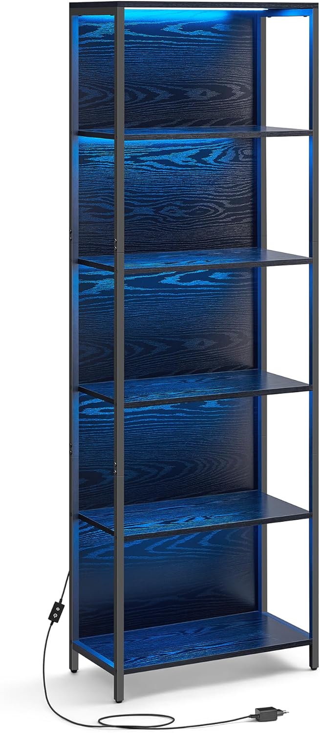 Bokhylle med LED-belysning – 6 hyller, justerbare farger, svart stålkonstruksjon, 178 cm
