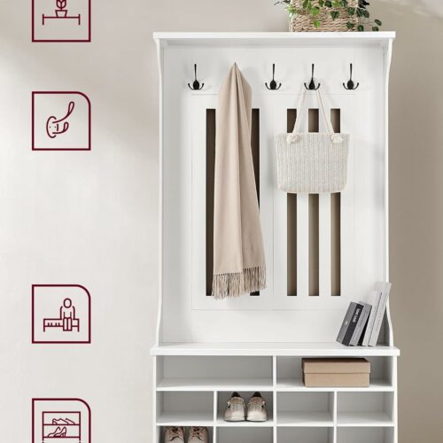 3-i-1 entrémøbel med skobenk, knagger og hyller – hvit, 35 x 100 x 180 cm 3-i-1 entrémøbel med skobenk, knagger og hyller – hvit, 35 x 100 x 180 cm