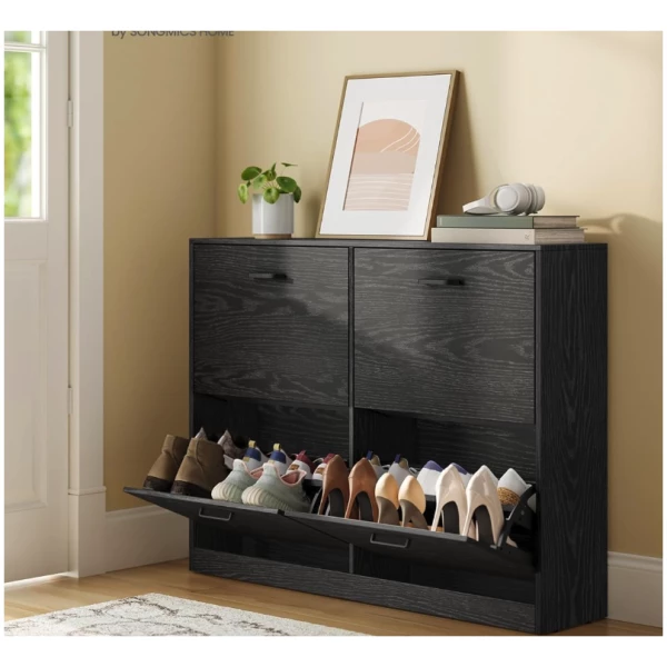 Skoskap med 4 Vippeluker – Plass til 16–28 Par Sko, 105,5 × 24 × 82,7 cm, Svart Skoskap med 4 Vippeluker – Plass til 16–28 Par Sko, 105,5 × 24 × 82,7 cm, Svart