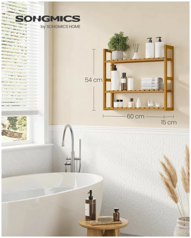 Baderomshylle for Gulv- / Veggmontering med 3 Justerbare Hyller 60 x 15 x 54 cm Bambus Baderomshylle for Gulv- / Veggmontering med 3 Justerbare Hyller 60 x 15 x 54 cm Bambus