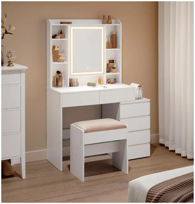 Sminkebord med LED-speil, justerbare hyller og oppbevaring – hvit, 97,5 cm, med skuffer og skap Sminkebord med LED-speil, justerbare hyller og oppbevaring – hvit, 97,5 cm, med skuffer og skap