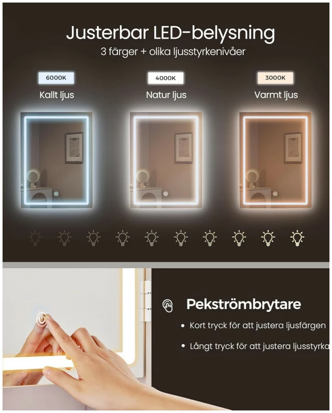 Sminkebord med LED-speil, justerbare hyller og oppbevaring – hvit, 97,5 cm, med skuffer og skap Sminkebord med LED-speil, justerbare hyller og oppbevaring – hvit, 97,5 cm, med skuffer og skap