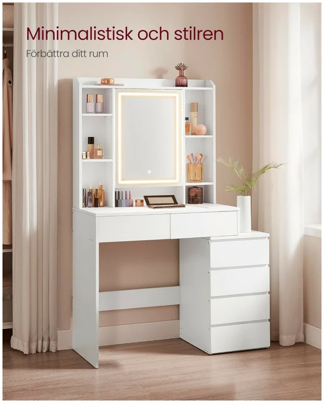 Sminkebord med LED-speil, justerbare hyller og oppbevaring – hvit, 97,5 cm, med skuffer og skap Sminkebord med LED-speil, justerbare hyller og oppbevaring – hvit, 97,5 cm, med skuffer og skap