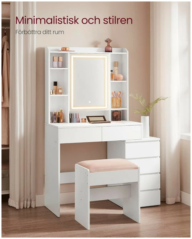 Sminkebord med LED-speil, justerbare hyller og oppbevaring – hvit, 97,5 cm, med skuffer og skap Sminkebord med LED-speil, justerbare hyller og oppbevaring – hvit, 97,5 cm, med skuffer og skap