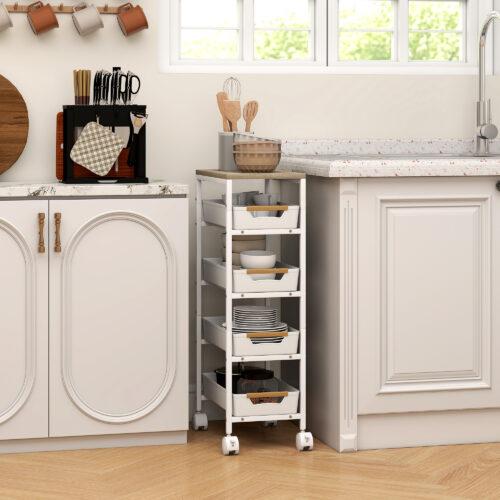 Kjøkkenvogn med 5 uttrekksskuffer og hjul smalt design 39,5×24×82 cm AS Kjøkkenvogn med 5 uttrekksskuffer og hjul smalt design 39,5×24×82 cm AS