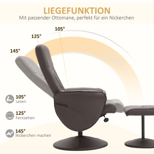 Relax Lenestol med Fotskammel i Brun Skinn – 145° helling