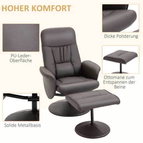 Relax Lenestol med Fotskammel i Brun Skinn – 145° helling